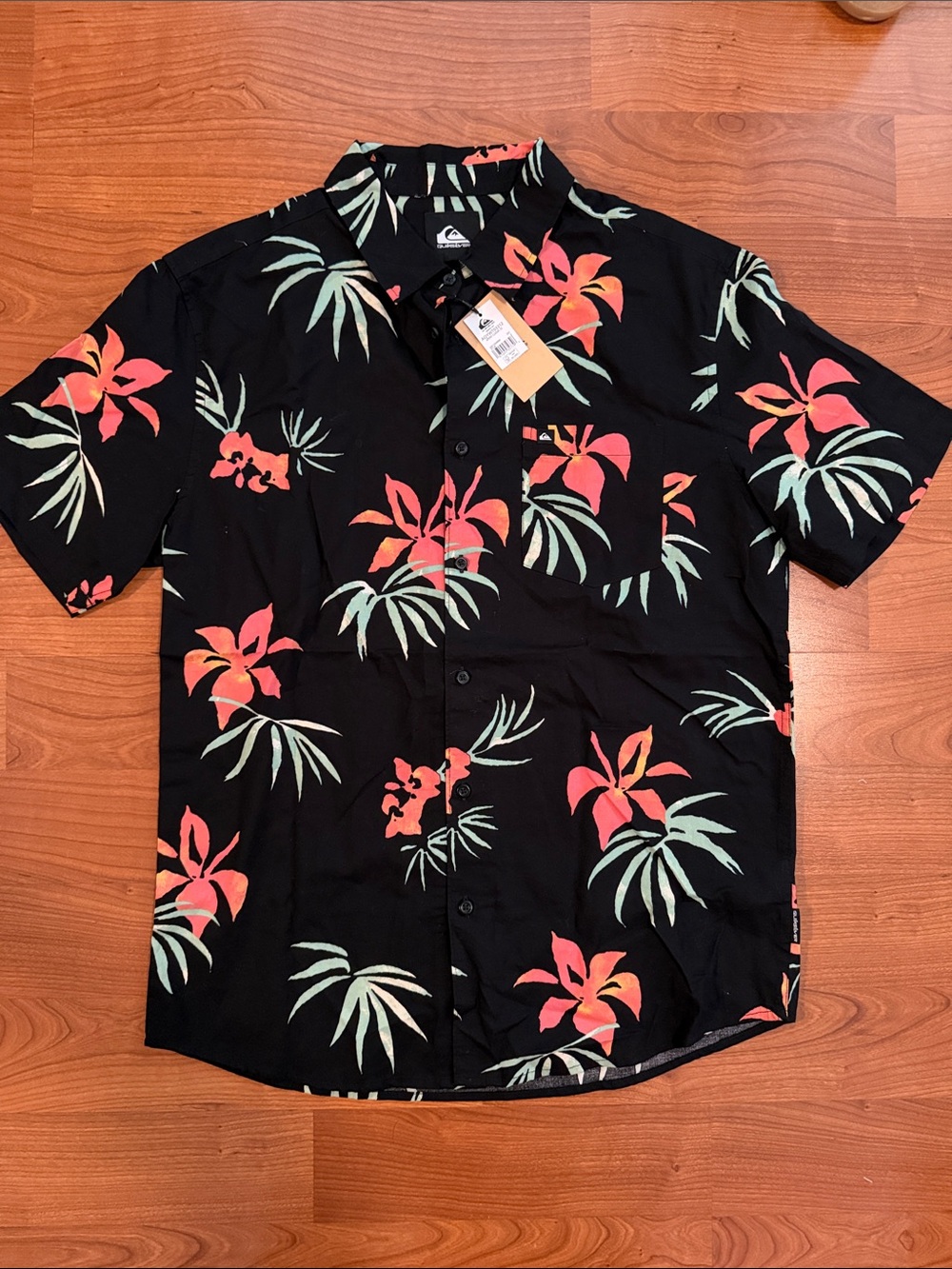 Quiksilver Black Short-Sleeve Button-Up with Coral Floral Print